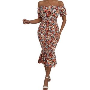 SweatyRocks Women's Floral Print Off Shoulder Shirred Midi Dress Short Sleeve